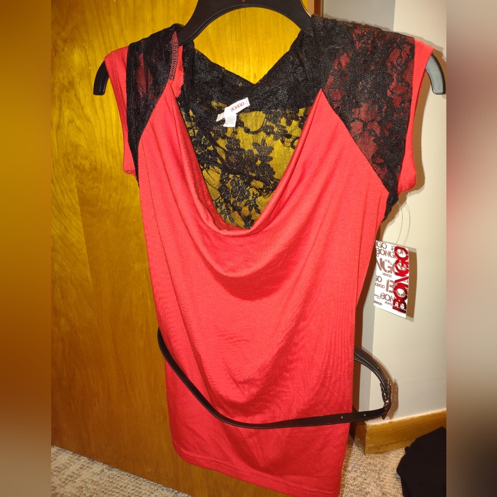 Juniors Bongo Red Black Lace Belted T-shirt Dress Shirt
